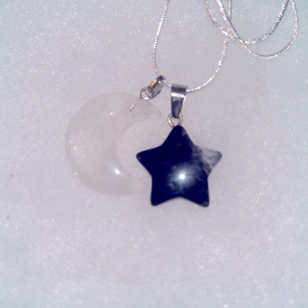 Boho hippie Quartz Crystal Moon 🌙 and Onyx Star Sterling Silver Neckl…